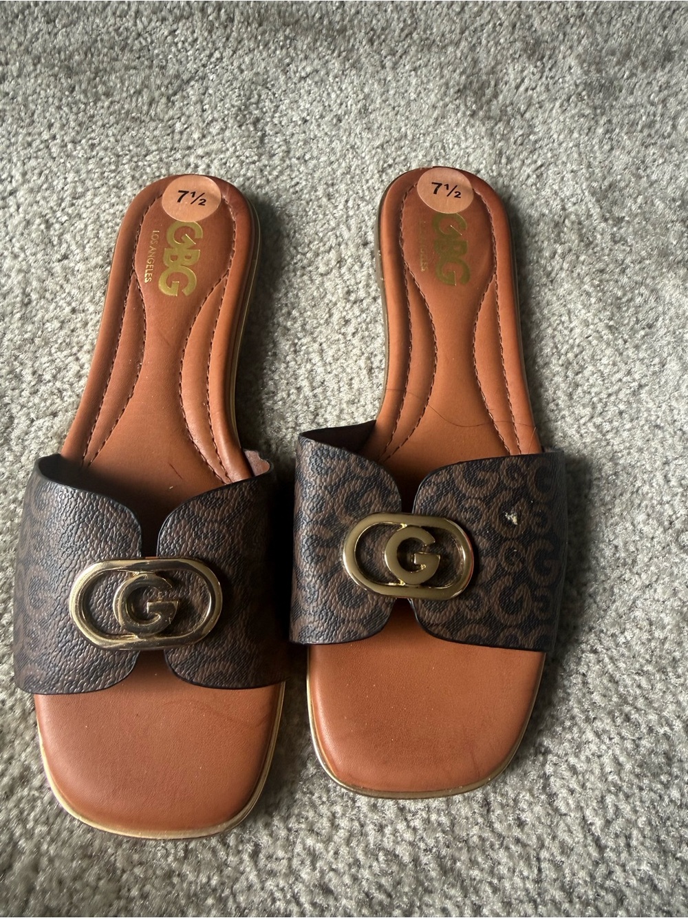 G by Guess Brown Monogram Slide Sandals with Gold Logo